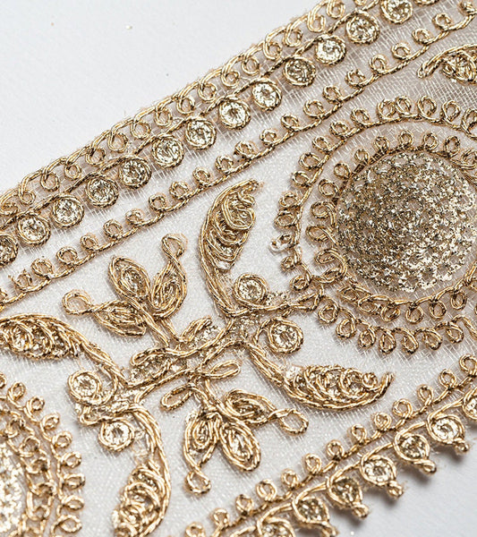 Gold Zari Border with beautiful paisley zari thread work 6cm Tulle Ribbon