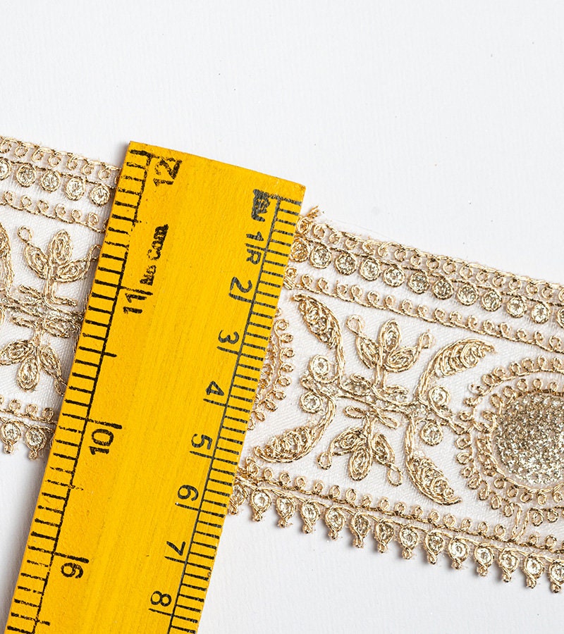 Gold Zari Border with beautiful paisley zari thread work 6cm Tulle Ribbon