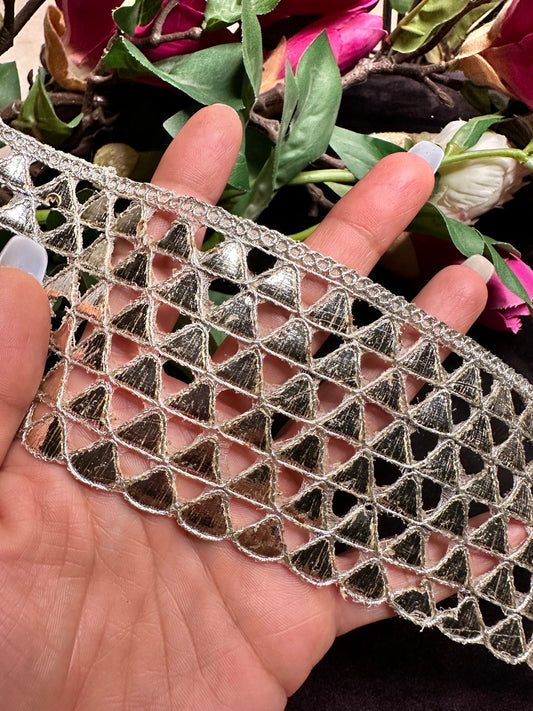 Silver Metallic Thread Handwork Lace Geometric Pattern Traditional Indian ribbon  6cm Sew On Trim DIY Crafting Edging Lace Dupatta Border