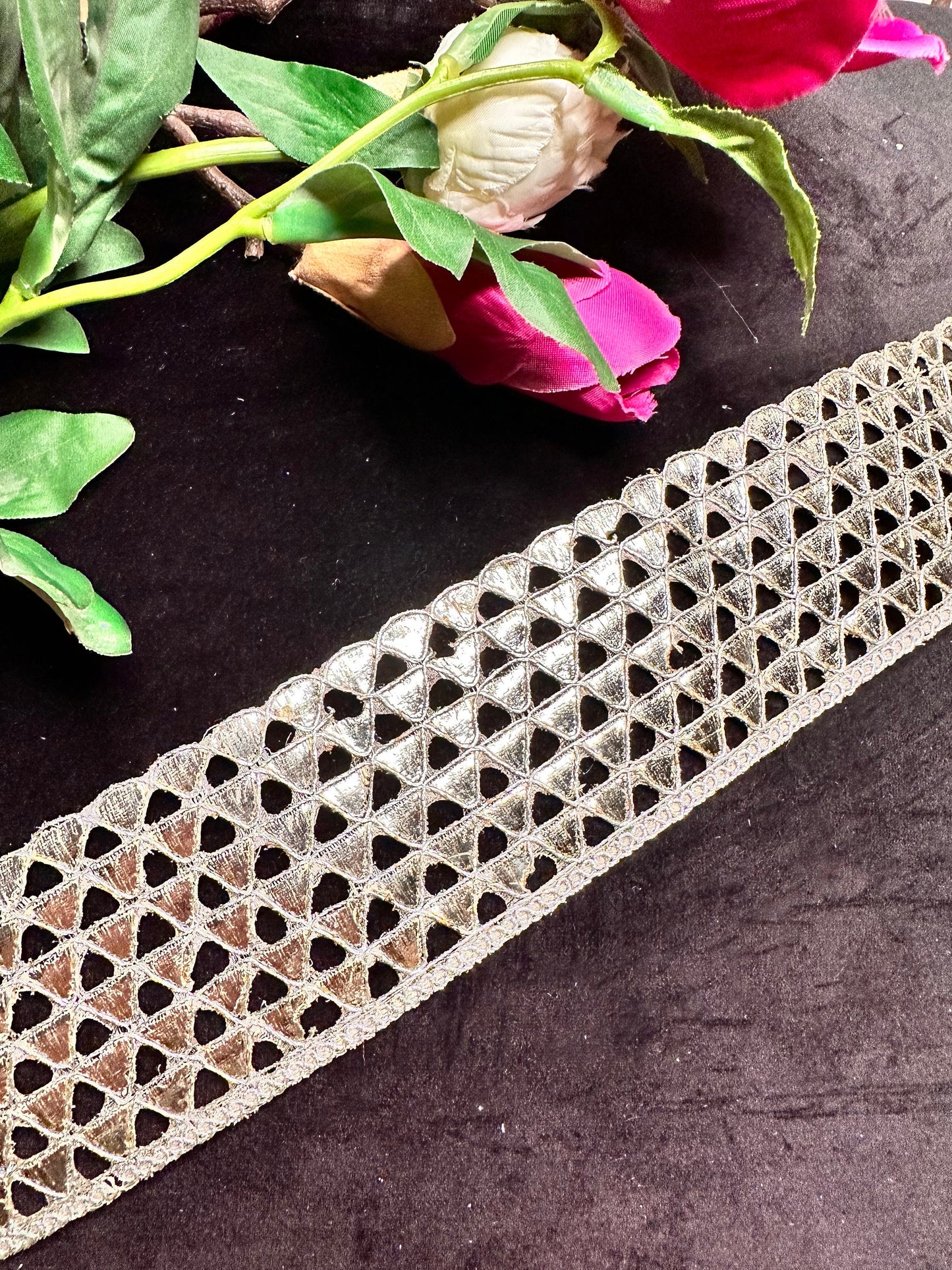 Silver Metallic Thread Handwork Lace Geometric Pattern Traditional Indian ribbon  6cm Sew On Trim DIY Crafting Edging Lace Dupatta Border