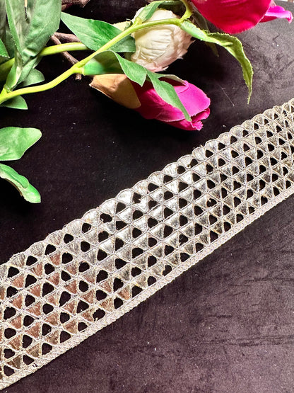 Silver Metallic Thread Handwork Lace Geometric Pattern Traditional Indian ribbon  6cm Sew On Trim DIY Crafting Edging Lace Dupatta Border
