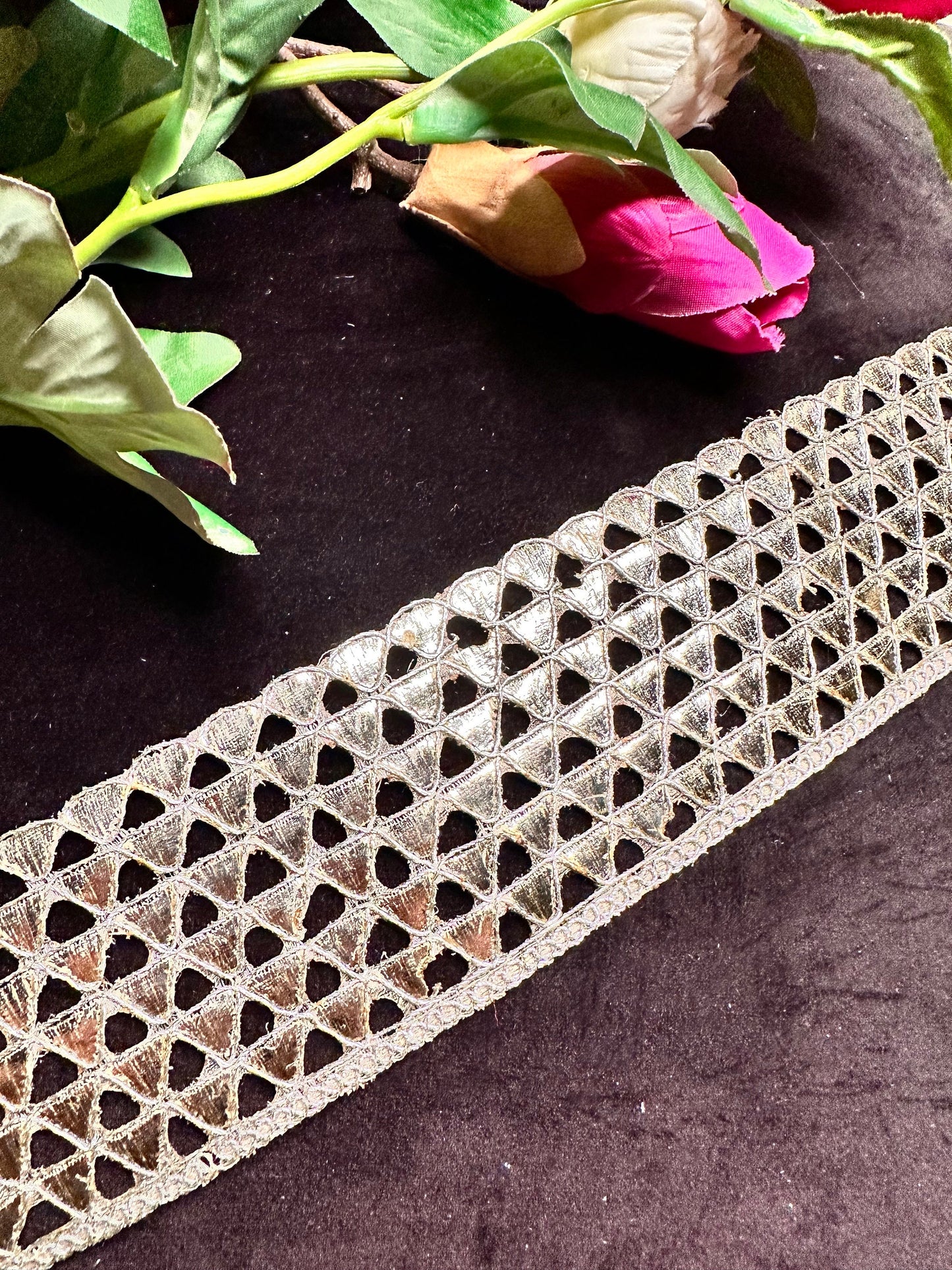 Silver Metallic Thread Handwork Lace Geometric Pattern Traditional Indian ribbon  6cm Sew On Trim DIY Crafting Edging Lace Dupatta Border