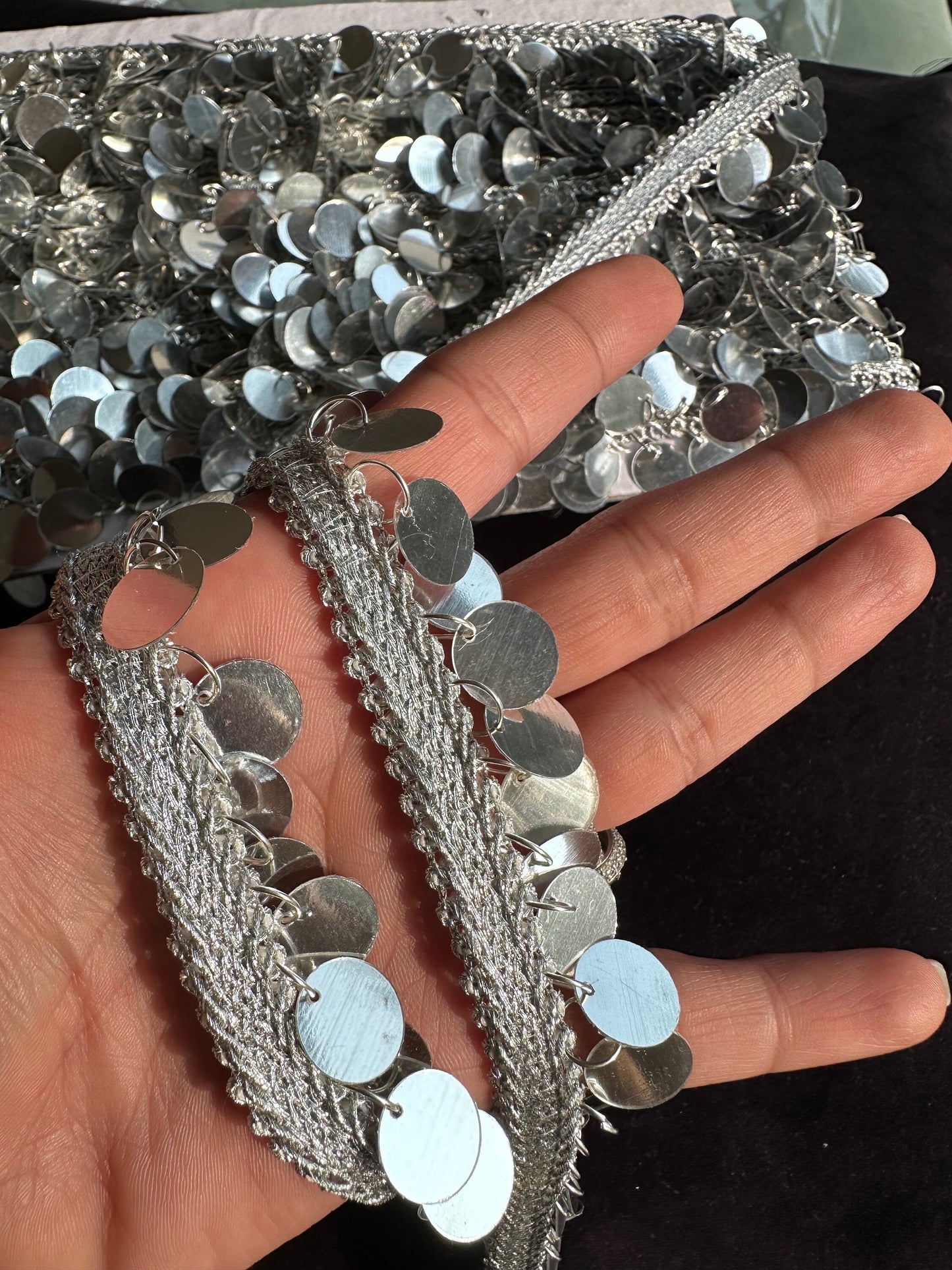 Metal Tassel Lace Coin Beaded Trim 3cm Edging Lace Costume Trim For Beach Outfit , Boho Tassel Fringe