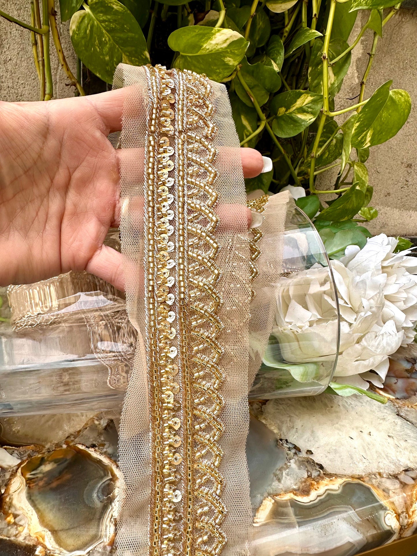 Glass bead ribbon zari crystal gold work 3cm wide 1yard