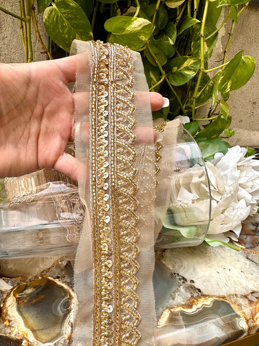 Glass bead ribbon zari crystal gold work 3cm wide 1yard