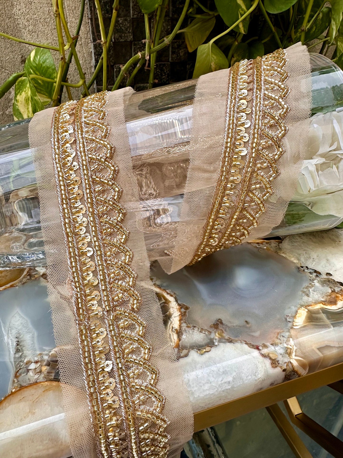 Glass bead ribbon zari crystal gold work 3cm wide 1yard