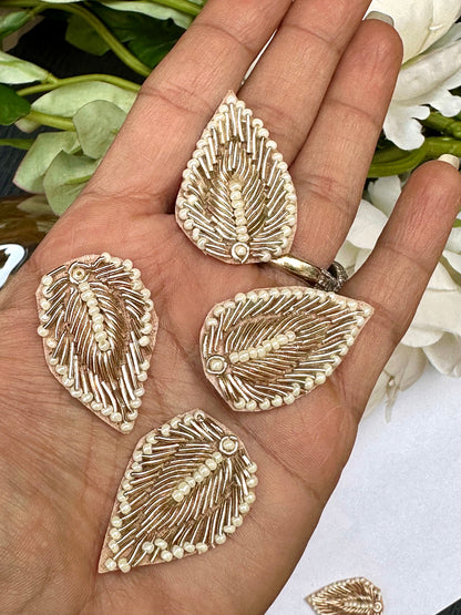 Handmade Zardozi Applique Pearl Embellished Leaf-Shaped Applique