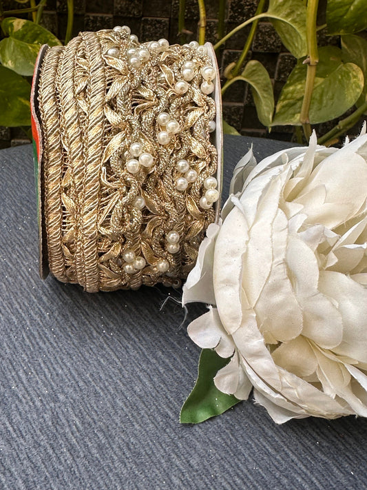 Gold Pearl Fabric Trim Bridal Edging Dupatta Lace Wedding Dress Costume Accessory DIY Crafting Sew On Trim