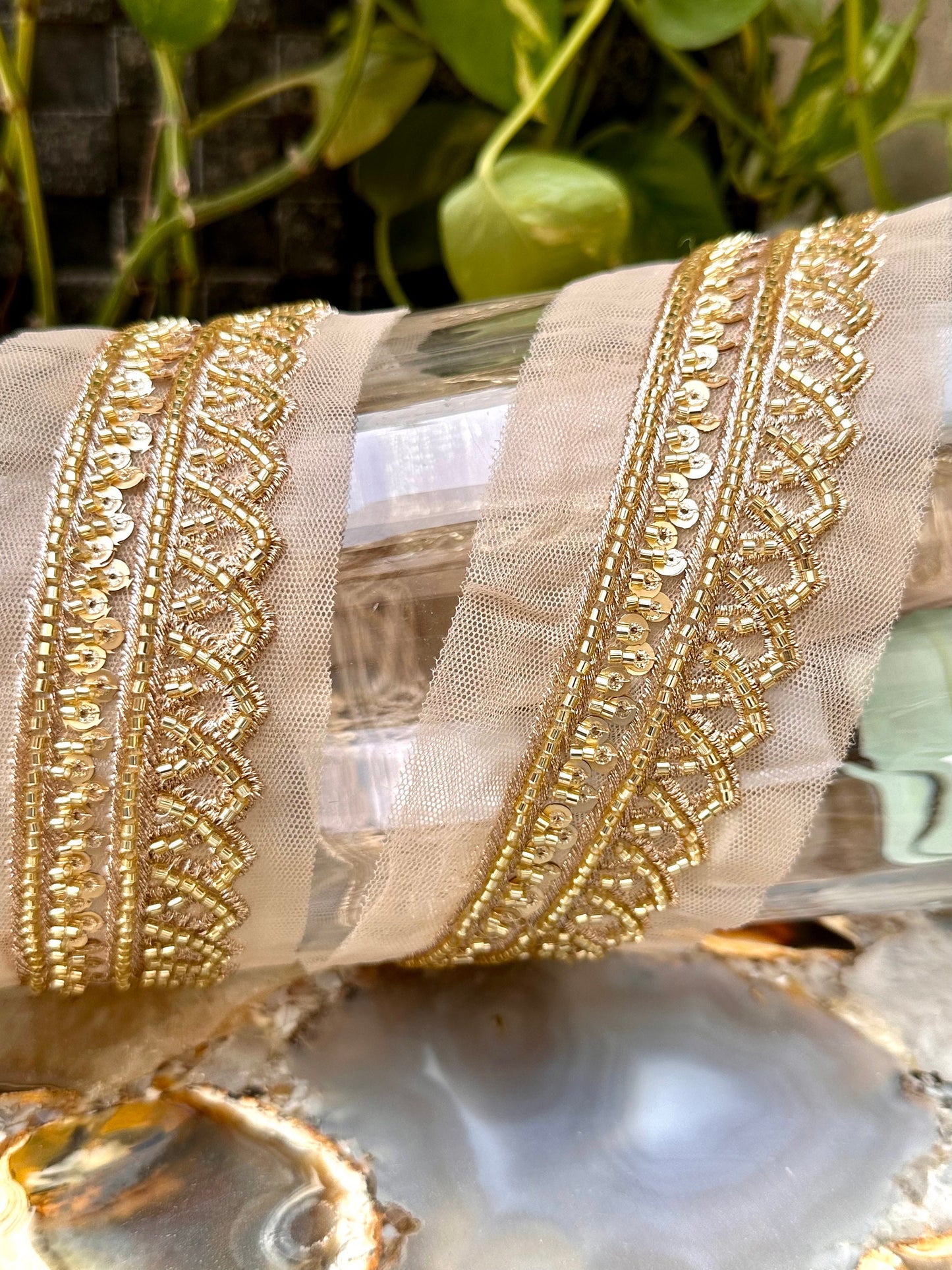 Glass bead ribbon zari crystal gold work 3cm wide 1yard