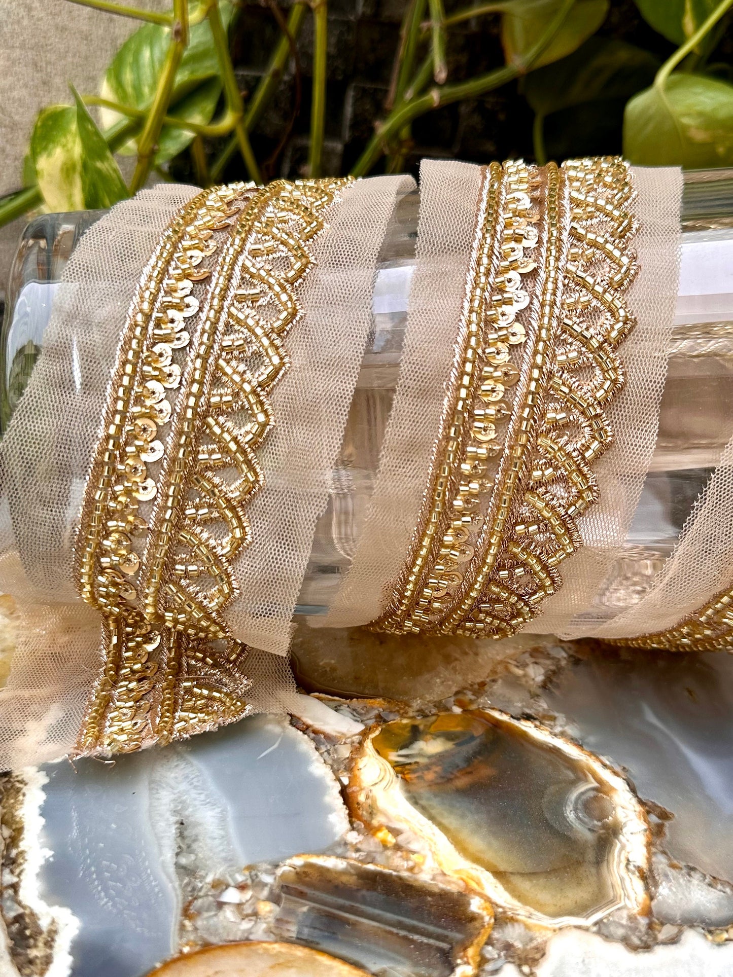 Glass bead ribbon zari crystal gold work 3cm wide 1yard