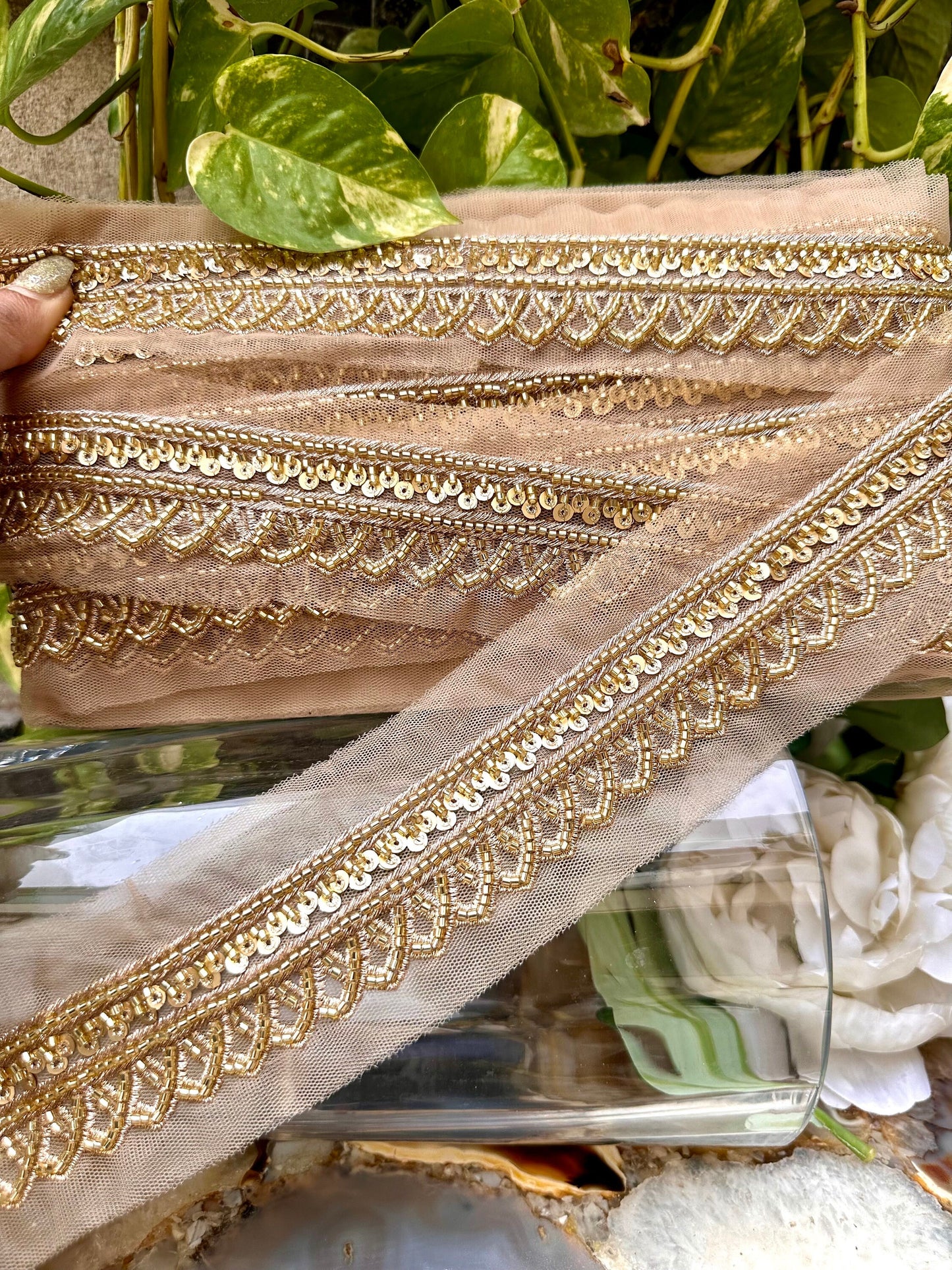 Glass bead ribbon zari crystal gold work 3cm wide 1yard