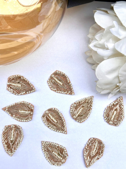 Handmade Zardozi Applique Pearl Embellished Leaf-Shaped Applique