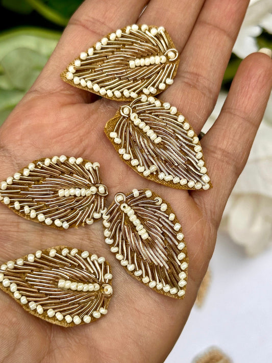 Handmade Zardozi Applique Pearl Embellished Leaf-Shaped Applique