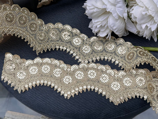 Indian Zari Golden Intricate Embroidered Sequin Scallop Indian Embellished Net Fabric Trim
