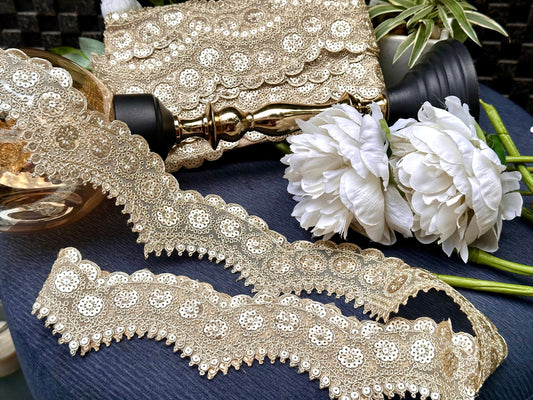 Indian Zari Golden Intricate Embroidered Sequin Scallop Indian Embellished Net Fabric Trim
