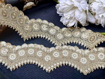 Indian Zari Golden Intricate Embroidered Sequin Scallop Indian Embellished Net Fabric Trim