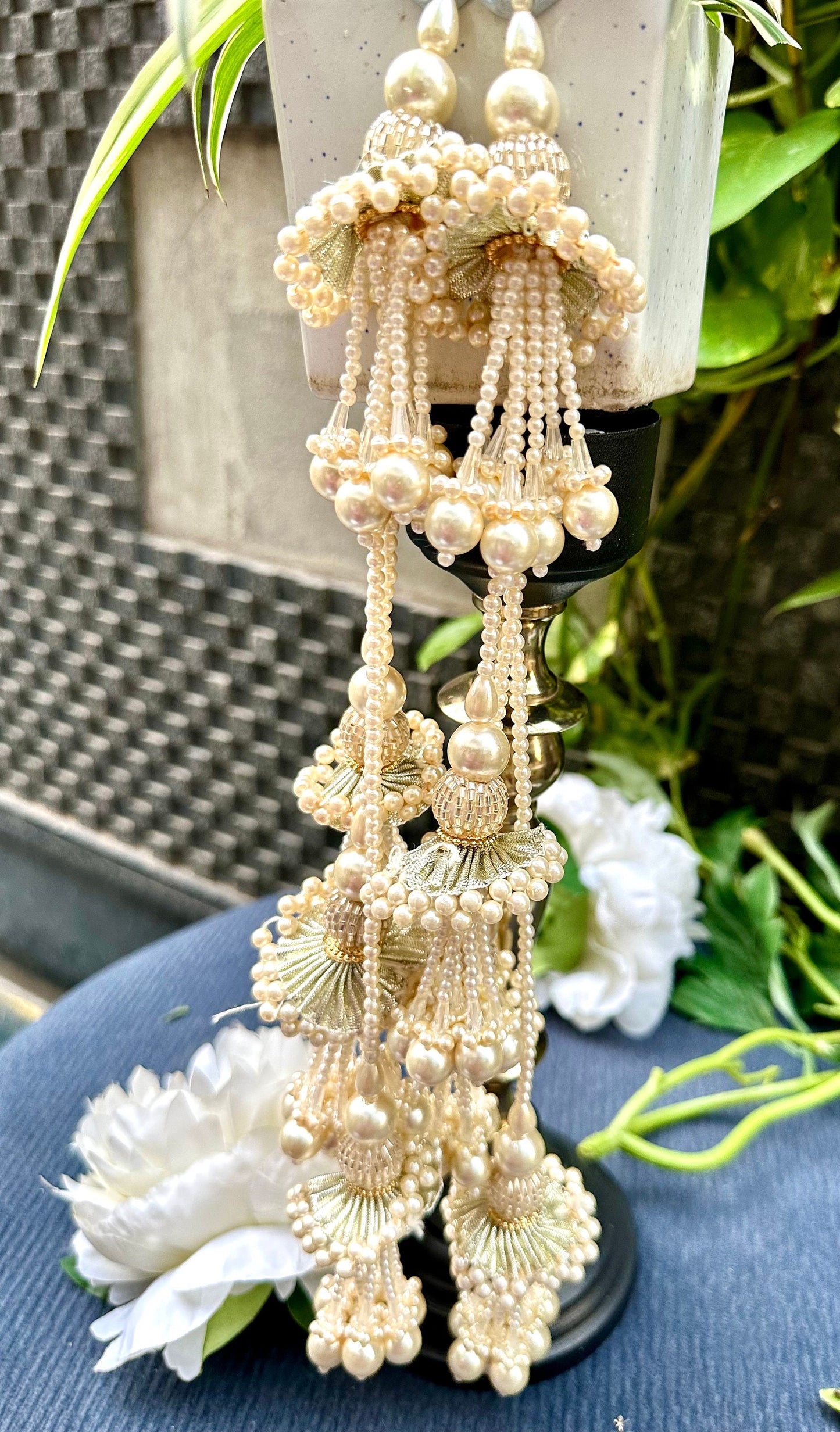 Silver Pearl Crystal Tassel Cut Dana Multi String 13inch Decorative Tassel  Latkan Bridal Lehnga