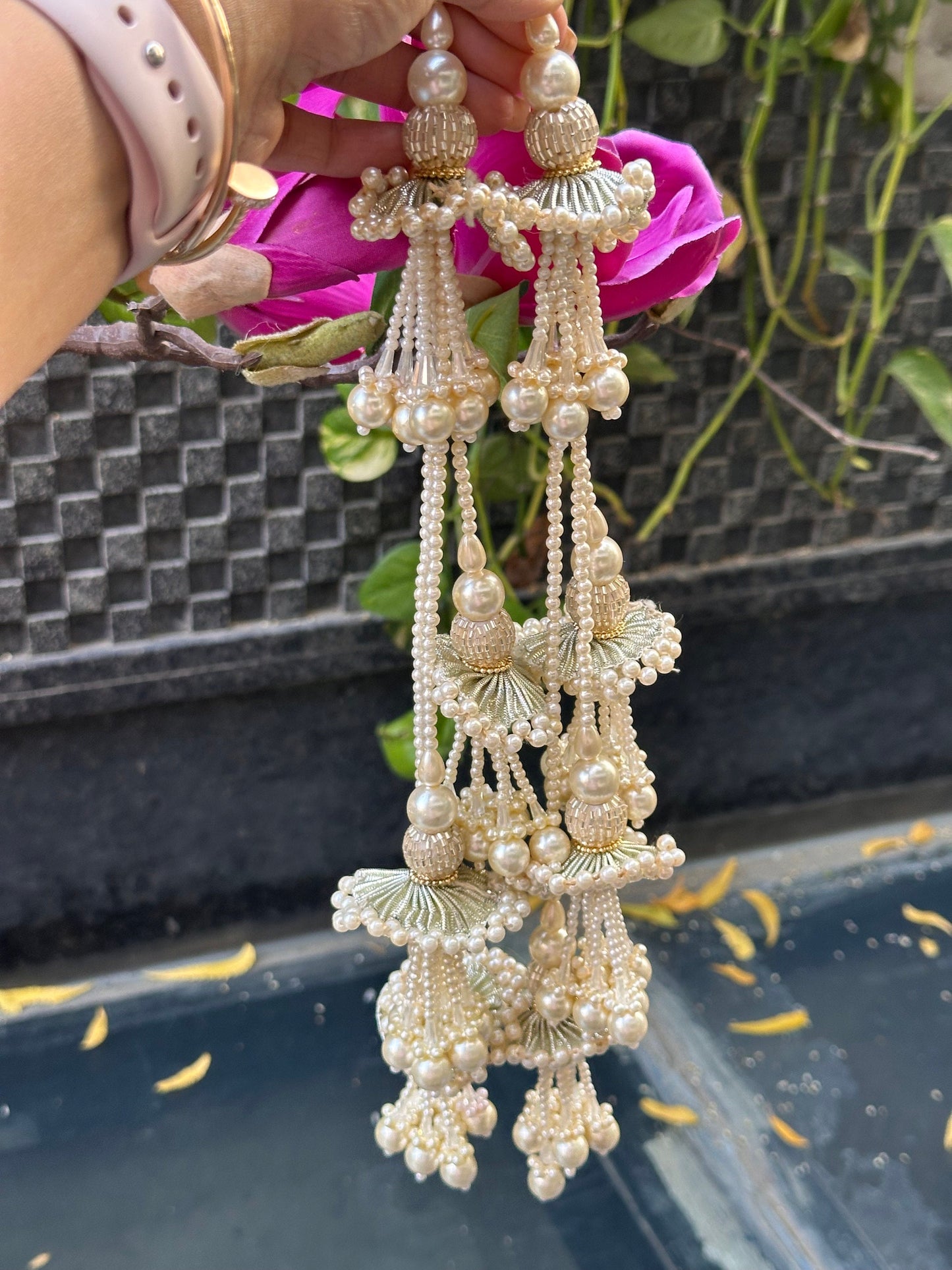 Silver Pearl Crystal Tassel Cut Dana Multi String 13inch Decorative Tassel  Latkan Bridal Lehnga