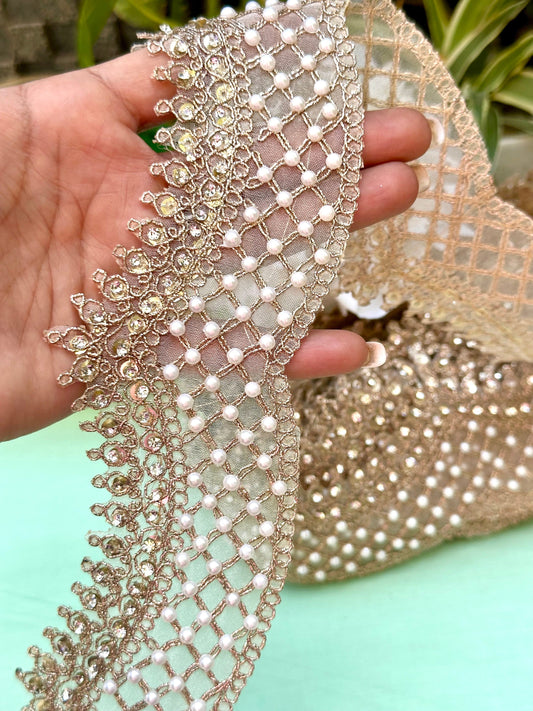 Rose gold pearl and zircon indian embroidery scalloped sari trim dupatta border