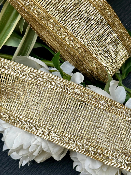Metallic Gold Woven Lace Fabric Soft Woven Indian Sewing Crafting Ribbon Dupatta Lace