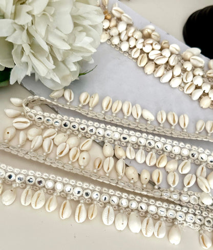 Pearl White Decorative Tassel Suspended Cowri Shell Mirror Beaded Tassel Trim