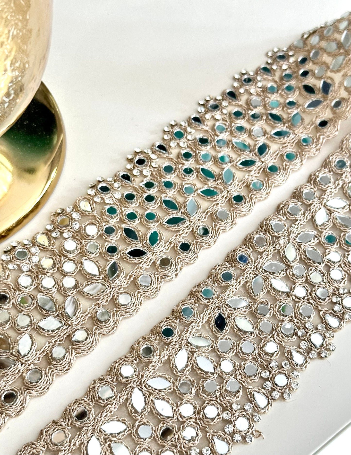 Embellished Gold Zari Mirror & Zircon Lace Trim Indian floral Embellished Border