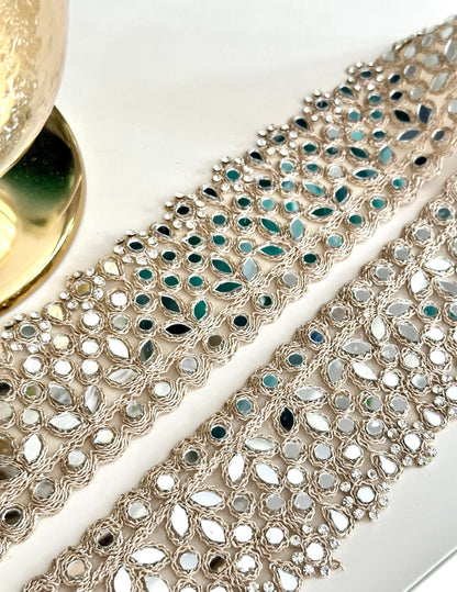 Embellished Gold Zari Mirror & Zircon Lace Trim Indian floral Embellished Border
