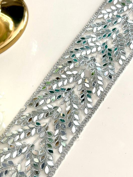 Silver Mirror Trim Bridal Belt Indian Laces Borders Sewing Crafting Saree Costume Mirror