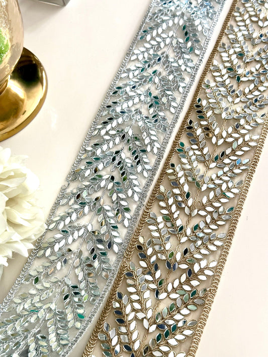 Silver Mirror Trim Bridal Belt Indian Laces Borders Sewing Crafting Saree Costume Mirror