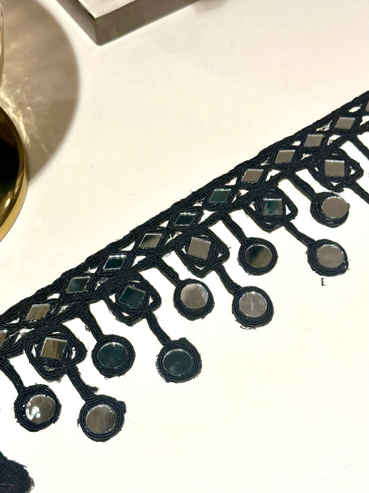 Black Indian Mirror Trim Handmade Suspended Mirror Belts for Kaftans Costume Dresses