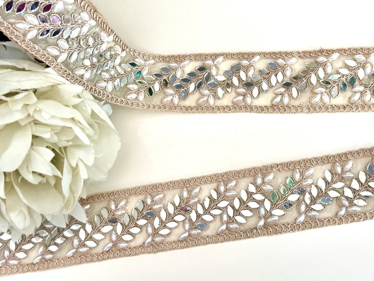 Mirror Pearl Symmetric Vine Trim Pale Gold Indian Embroidered saree Trim
