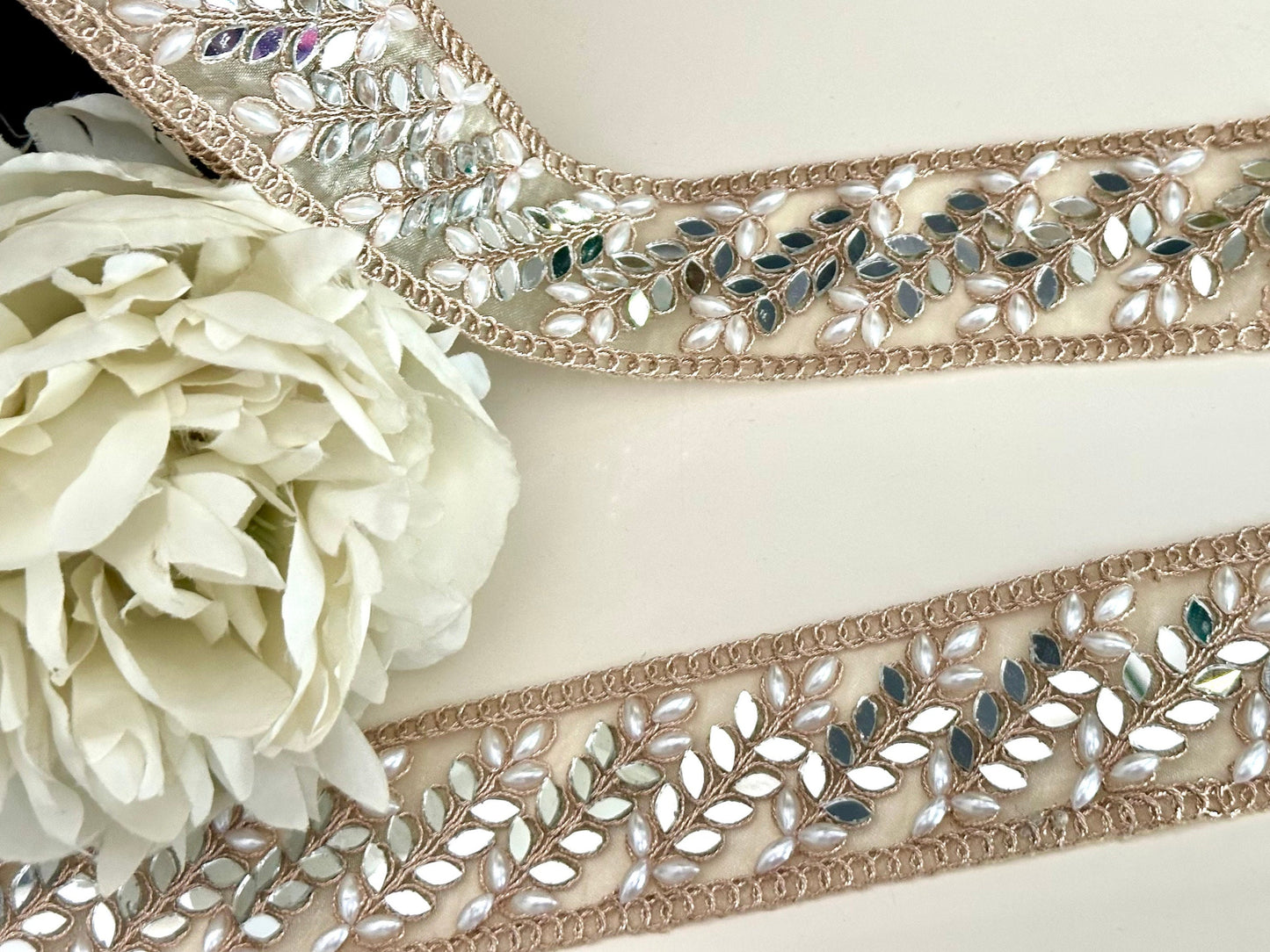 Mirror Pearl Symmetric Vine Trim Pale Gold Indian Embroidered saree Trim