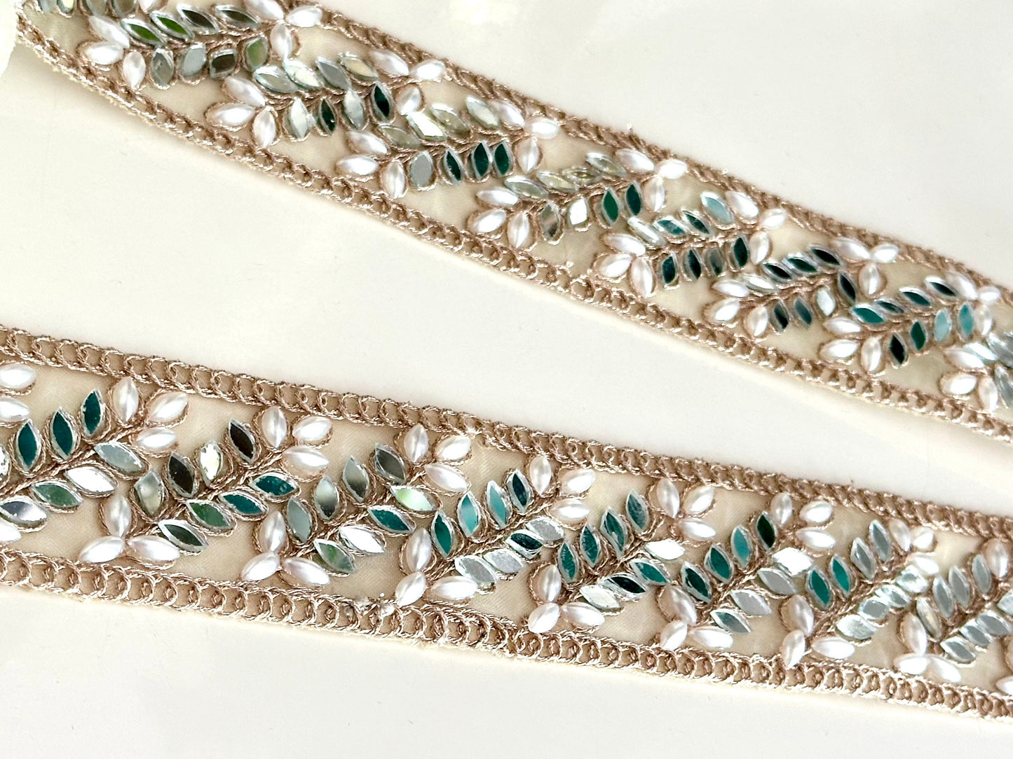 Mirror Pearl Symmetric Vine Trim Pale Gold Indian Embroidered saree Trim