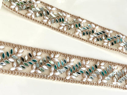 Mirror Pearl Symmetric Vine Trim Pale Gold Indian Embroidered saree Trim