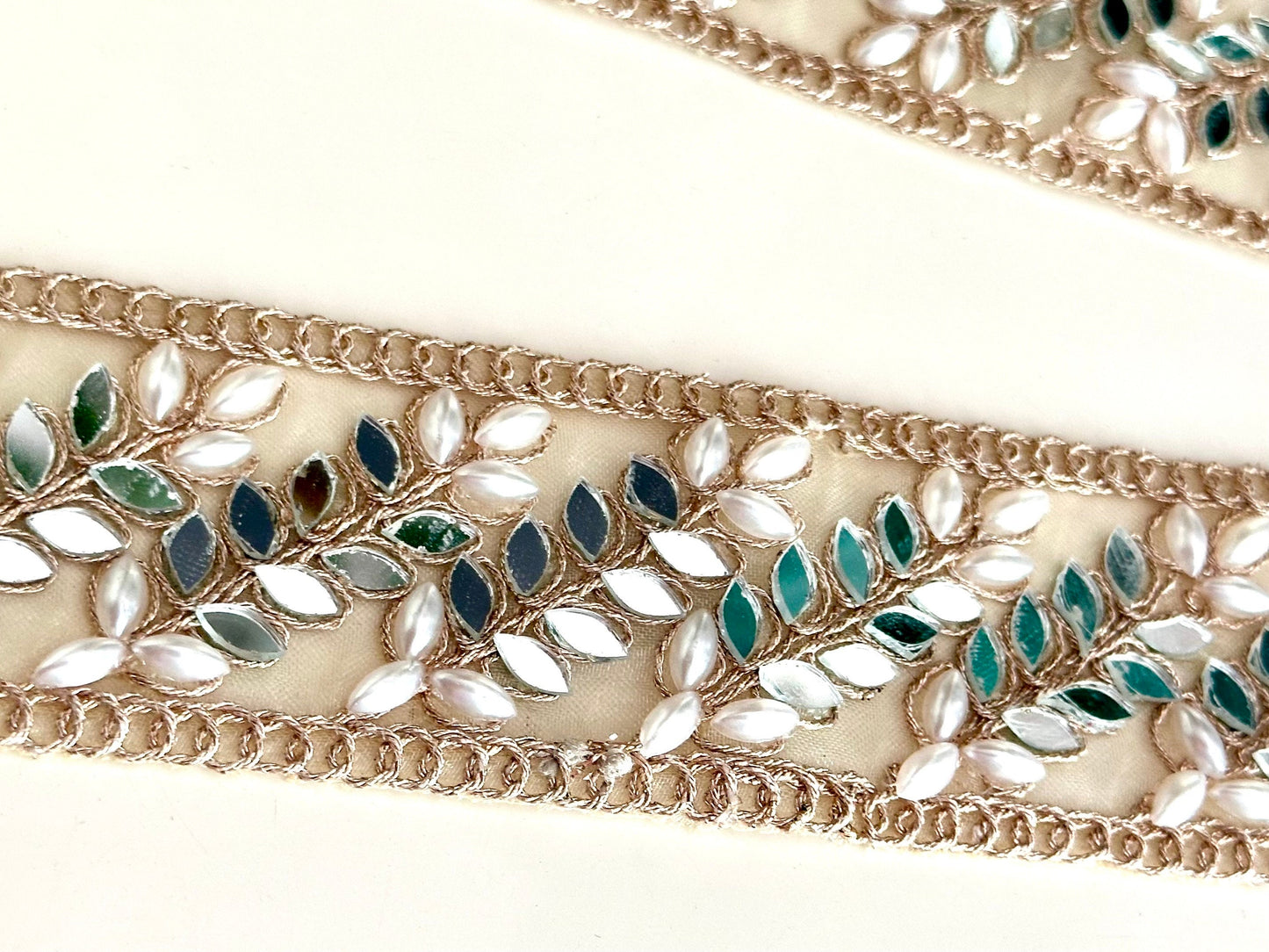 Mirror Pearl Symmetric Vine Trim Pale Gold Indian Embroidered saree Trim