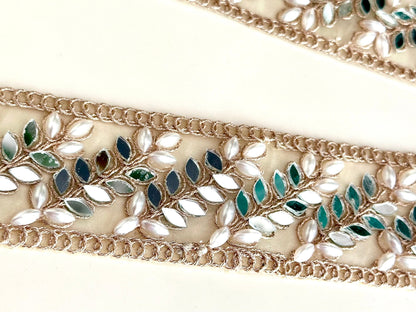 Mirror Pearl Symmetric Vine Trim Pale Gold Indian Embroidered saree Trim