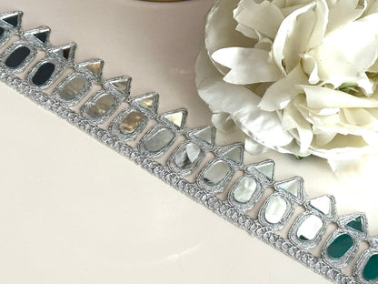 Mirror saree Trim 3.5cm Silver Border Dupatta Lace Real Mirror Embellished Trim