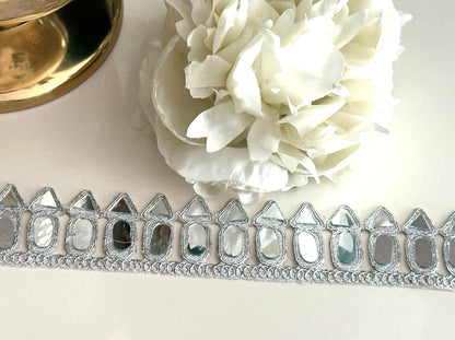 Mirror saree Trim 3.5cm Silver Border Dupatta Lace Real Mirror Embellished Trim