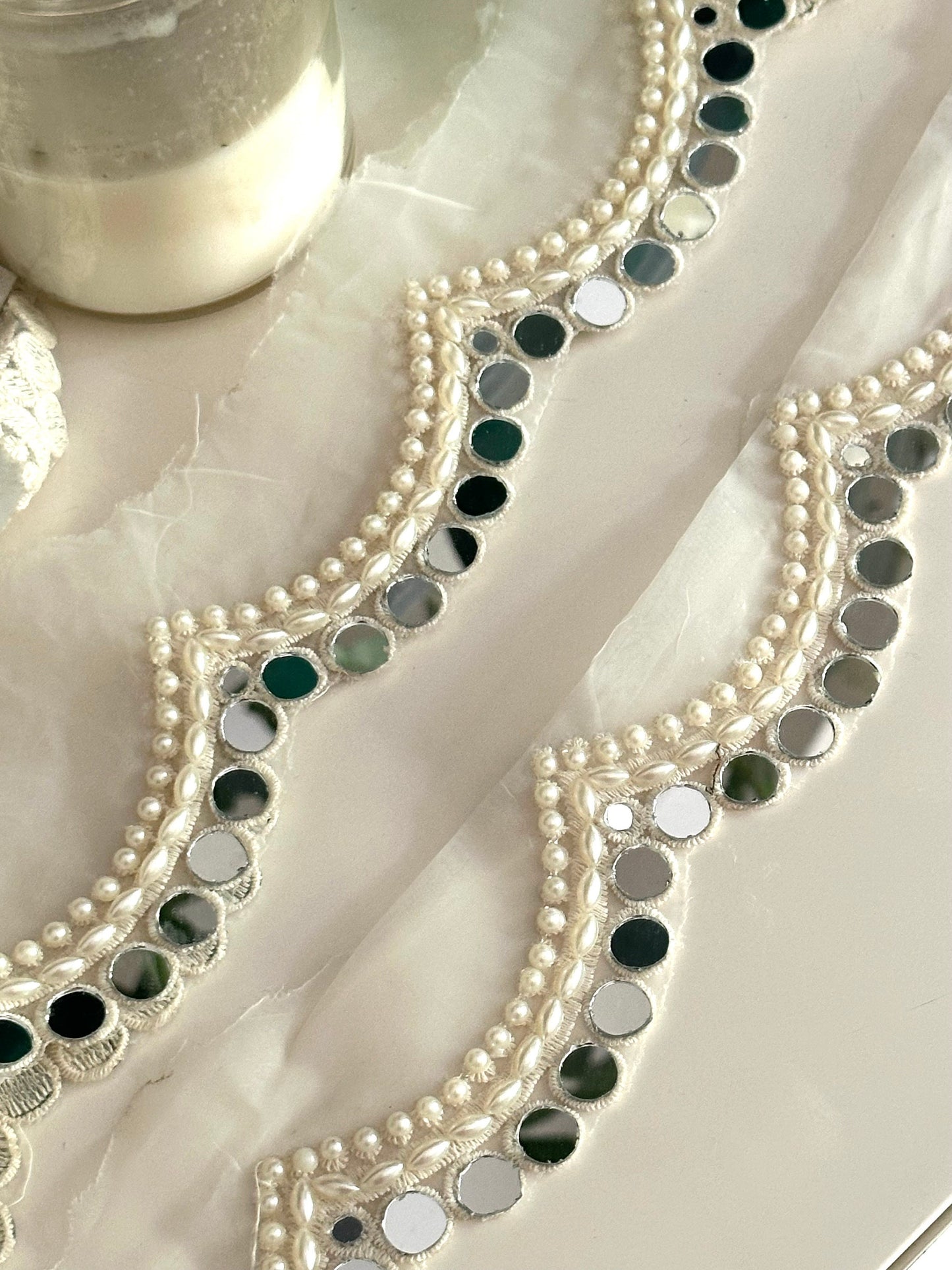 Pearl & Mirror Indian Embroidered Trim Scalloped White saree Trim For Bridal Veil