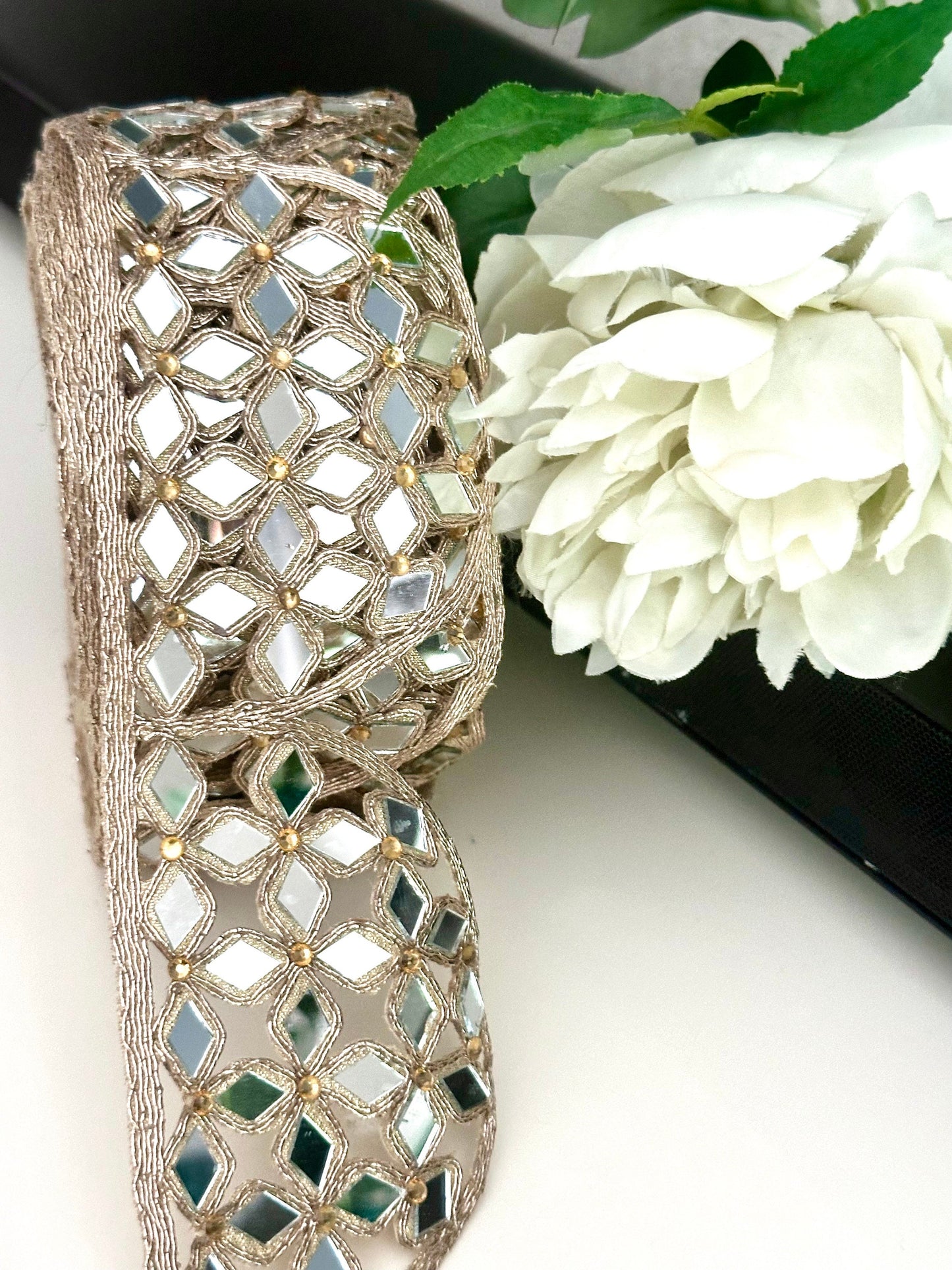 Mirror Work Border 7cm Scallop Rose Gold Hand Crafted For Mirror Belt Kaftans saree Suit Neck