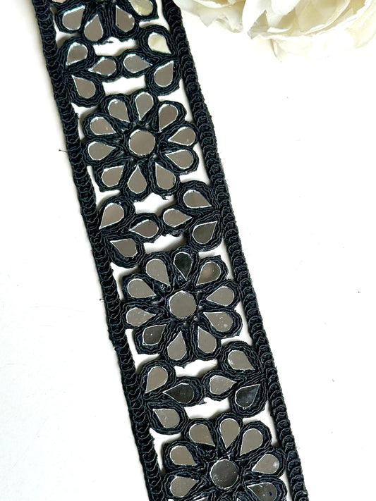4.5cm Indian Mirror Black Gothic Flower Pattern Trim saree Border Indian Bollywood Mirror Lace