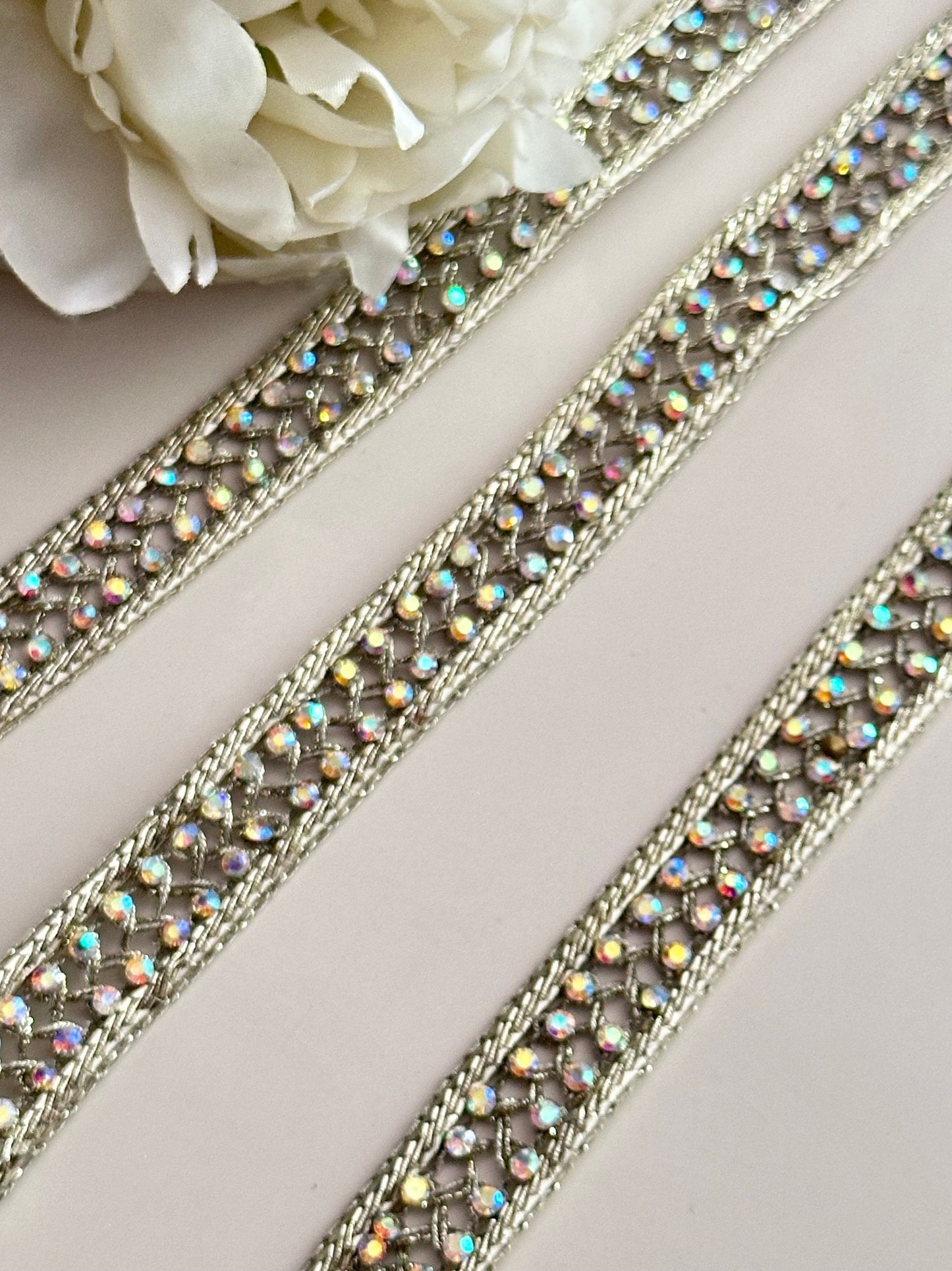Rainbow Colour Zircon Stone Ribbon Lace trim Light Gold