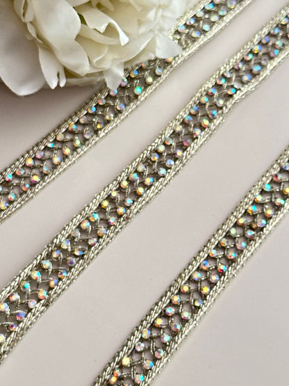 Rainbow Colour Zircon Stone Ribbon Lace trim Light Gold Zari Thread for Festive wear Christmas decor Gifting Idea Headband Lace Sew on trim