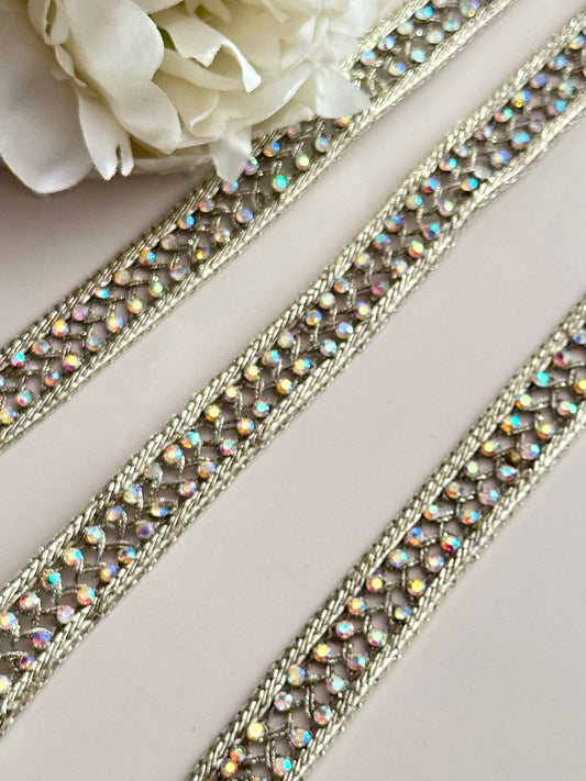 Rainbow Colour Zircon Stone Ribbon Lace trim Light Gold Zari Thread for Festive wear Christmas decor Gifting Idea Headband Lace Sew on trim