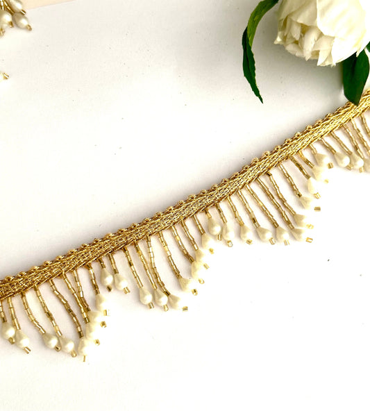 Beautiful Gold & White Beaded 4cm Trim Pearl Decorative Tassel Lace Trim Gold Beaded Trim