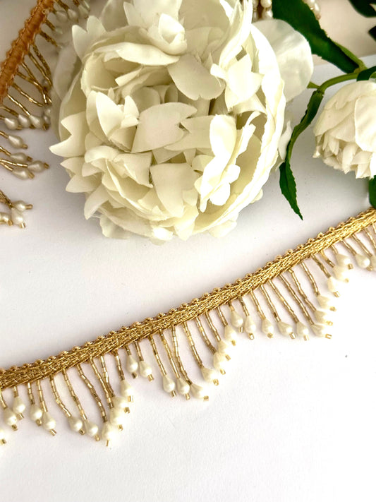 Beautiful Gold & White Beaded 4cm Trim Pearl Decorative Tassel Lace Trim Gold Beaded Trim