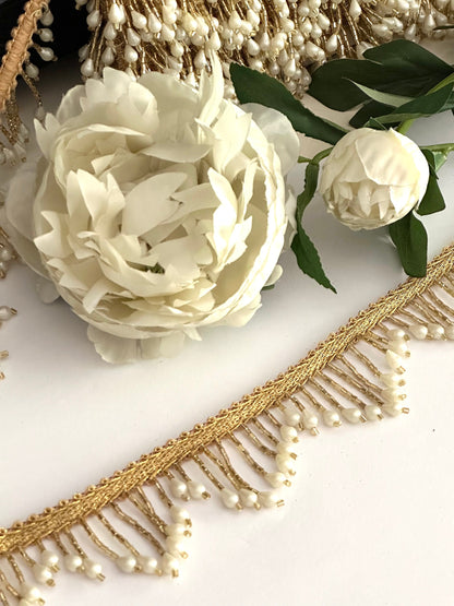 Beautiful Gold & White Beaded 4cm Trim Pearl Decorative Tassel Lace Trim Gold Beaded Trim