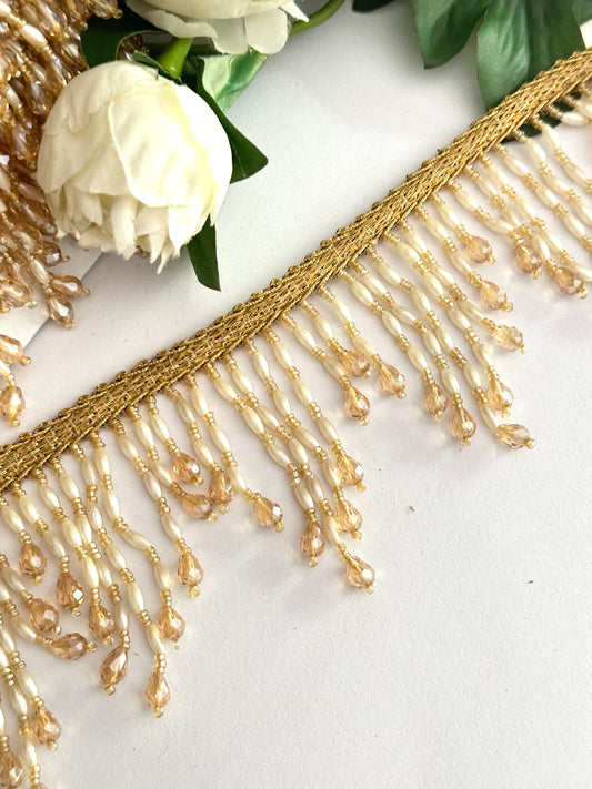 Pearl And Crystal Beaded Decorative Tassel Lace Trim Gold Beaded Latkan Trim