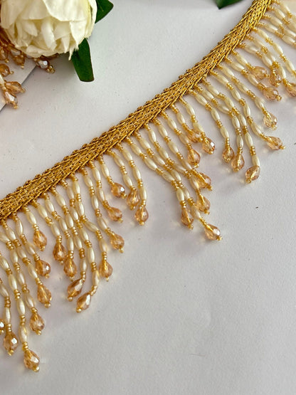 Pearl And Crystal Beaded Decorative Tassel Lace Trim Gold Beaded Latkan Trim