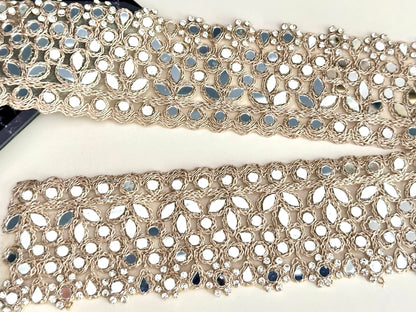 Embellished Gold Zari Mirror & Zircon Lace Trim Indian floral Embellished Border